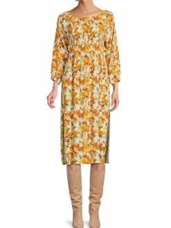 Women Onia Air Floral Smocked Linen Blend Midi Dress