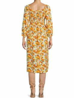Women Onia Air Floral Smocked Linen Blend Midi Dress