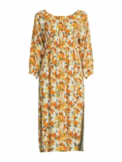 Women Onia Air Floral Smocked Linen Blend Midi Dress