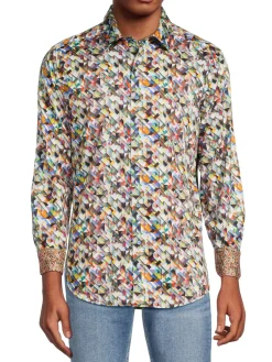 Robert Graham Casual Button-Down Shirts|Alfano Classic Fit Geometric Button Down Shirt White Multi