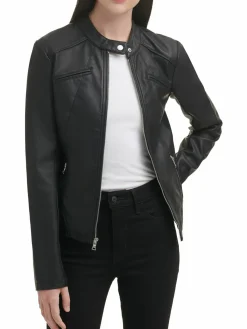 Women Guess Band Collar Faux Leather Jacket