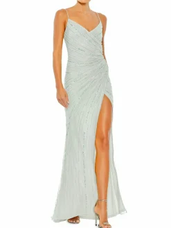 Women Mac Duggal Beaded High Slit Faux Wrap Gown