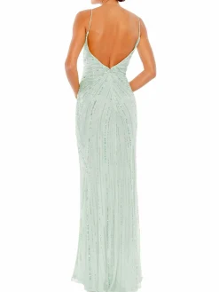 Women Mac Duggal Beaded High Slit Faux Wrap Gown
