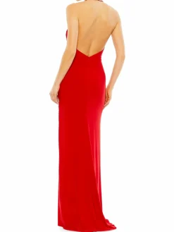 Women Mac Duggal Beaded Open Back Halter Gown