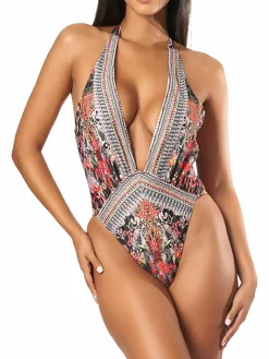 Women La Moda Clothing Beaded Print Halterneck One Piece Swimsuit