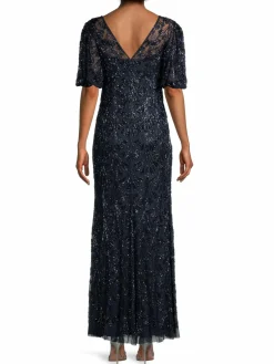 Women Aidan Mattox Beaded V-Neck Sheath Gown