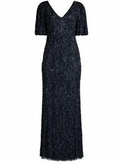 Women Aidan Mattox Beaded V-Neck Sheath Gown