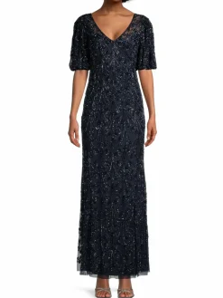 Women Aidan Mattox Beaded V-Neck Sheath Gown