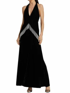 Women PatBO Bead-Fringe Plunge Velvet Gown