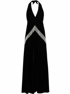 Women PatBO Bead-Fringe Plunge Velvet Gown