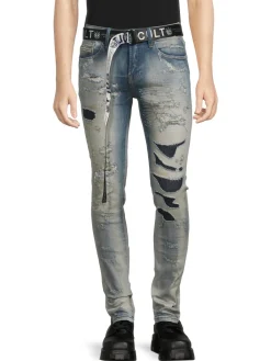 Cult Of Individuality Jeans|Belted Ripped Super Skinny Jeans Blue