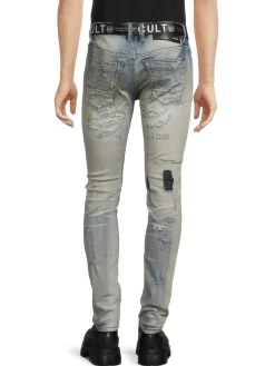 Cult Of Individuality Jeans|Belted Ripped Super Skinny Jeans Blue