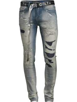 Cult Of Individuality Jeans|Belted Ripped Super Skinny Jeans Blue