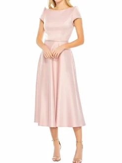 Women Mac Duggal Boatneck Satin Midi Dress