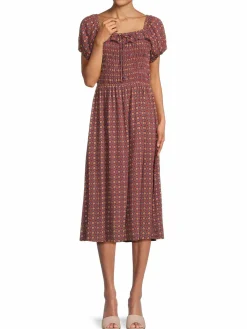 Women Bobeau Bubble Geometric Smocked Trim Midi Dress