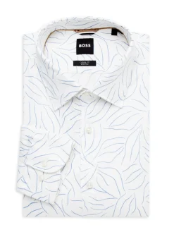 BOSS Linen|C Hal Kent Casual Fit Print Linen Blend Dress Shirt White
