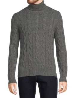 Malo Sweaters|Cable Knit Cashmere Blend Turtleneck Sweater Grey