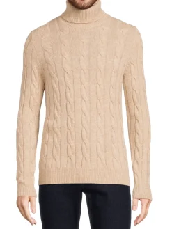 Malo Sweaters|Cable Knit Cashmere Blend Turtleneck Sweater Beige