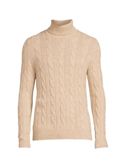 Malo Sweaters|Cable Knit Cashmere Blend Turtleneck Sweater Beige