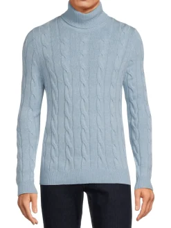 Malo Cashmere|Cable Knit Cashmere Blend Turtleneck Sweater Ice Blue
