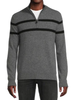 Saks Fifth Avenue Sweaters|Cashmere Stripe Quarter Zip Sweater Stone Grey