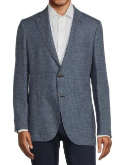 Luciano Barbera Linen|Check Linen Blend Blazer Blue