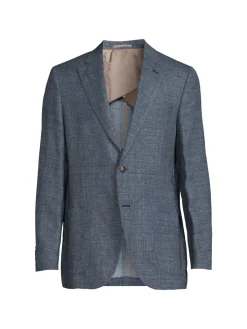 Luciano Barbera Linen|Check Linen Blend Blazer Blue