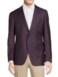 Saks Fifth Avenue Blazers & Sportcoats|Checked Wool & Silk Modern Fit Blazer Burgundy