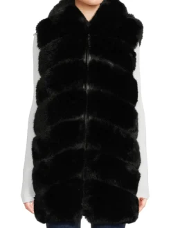 BELLE FARE Wraps & Capes|Chevron Faux Fur Longline Hooded Vest Black
