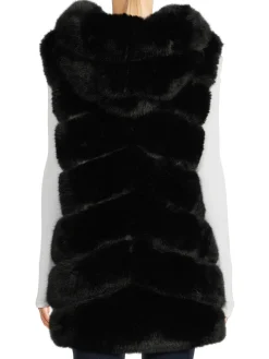 BELLE FARE Wraps & Capes|Chevron Faux Fur Longline Hooded Vest Black