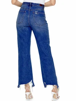 Women Blue Revival Chop Shop High Rise Frayed Hem Straight Jeans
