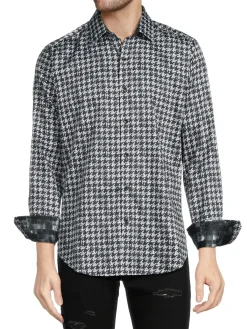 Robert Graham Casual Button-Down Shirts|Classic Fit Houndstooth Button Down Shirt Black White