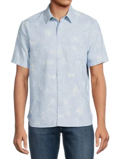 Vince Linen|Classic Fit Palm Print Shirt Light Cerulean