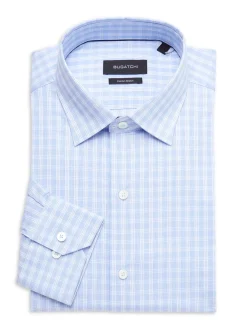 Bugatchi Dress Shirts|Comfort Stretch Fit Checked Dress Shirt Sky