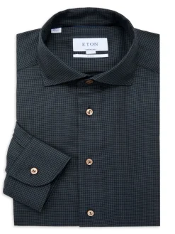 Eton Dress Shirts|Contemporary Fit Gingam Merino Wool Dress Shirt Dark Grey