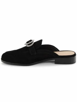 Stuart Weitzman Crystal Buckle Suede Mules