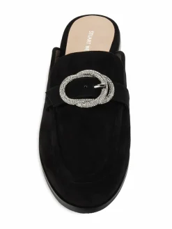 Stuart Weitzman Crystal Buckle Suede Mules