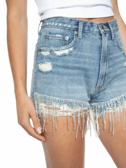 Women Blue Revival Dripped In Diamonds High Rise Frayed Denim Shorts