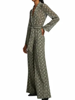 Women L'AGENCE Echo Belted Snakeskin-Print Jumpsuit