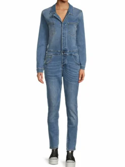 Women Etienne Marcel Faded Wash Notch Lapel Denim Jumpsuit