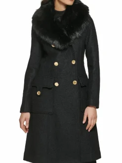 Women Guess Faux Fur Trim Double Breasted Coat