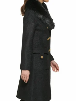Women Guess Faux Fur Trim Double Breasted Coat
