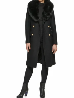 Women Guess Faux Fur Trim Double Breasted Coat