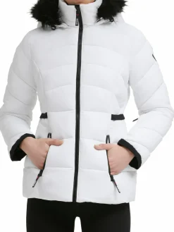 Women Guess Faux Fur Trim Hooded Puffer Jacket