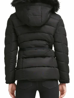 Women Guess Faux Fur Trim Hooded Puffer Jacket