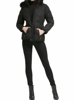 Women Guess Faux Fur Trim Hooded Puffer Jacket