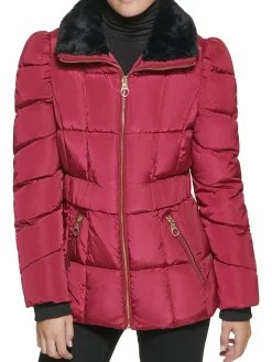 Women Guess Faux Fur Trim Quilted Puffer Jacket