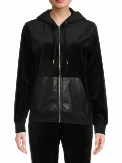Women Calvin Klein Faux Leather Pocket Zip Front Hoodie