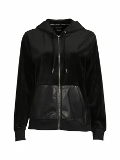 Women Calvin Klein Faux Leather Pocket Zip Front Hoodie