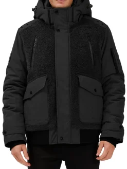 Point Zero by Maurice Benisti Coats & Jackets|Faux Shearling Hooded Bomber Jacket Black